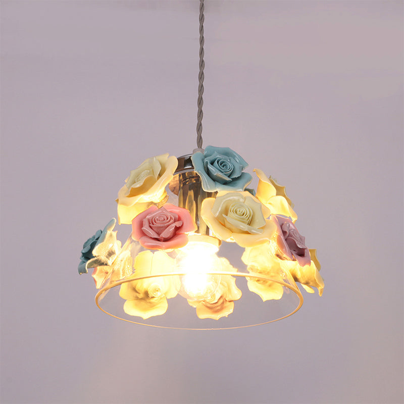 Modern Glass Hanging Lamp With Flower Decor - 1-Light Pendant In Conical Shape Colorful Accents