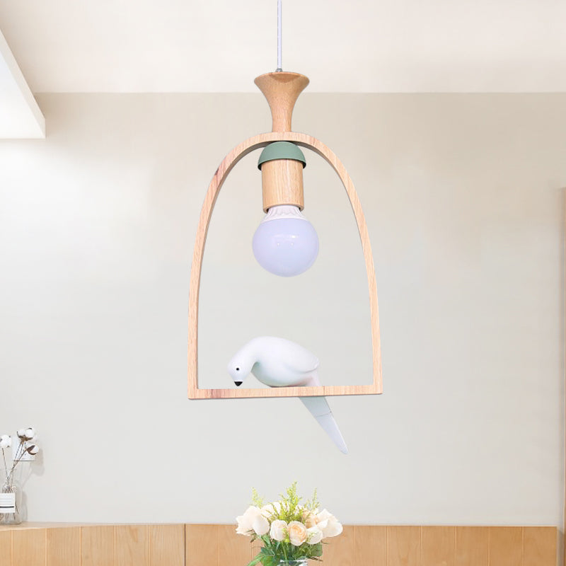 Nordic Green/White Pendant Ceiling Light With Arch Wood Frame And Bird Decoration - Single Dinette