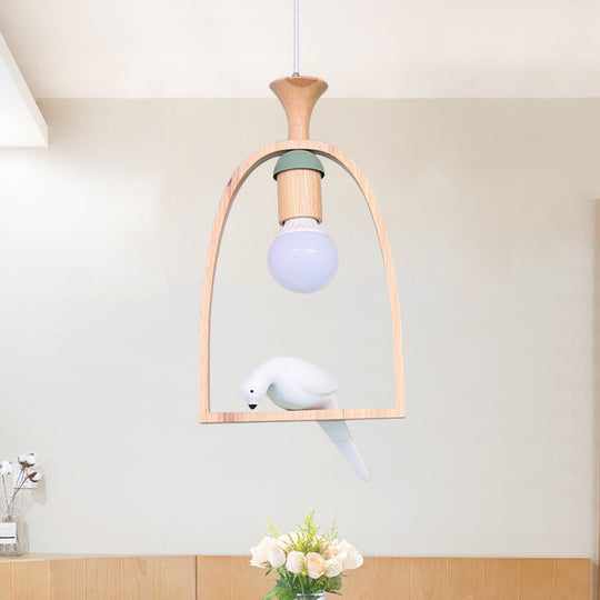 Nordic Green/White Hanging Pendant Ceiling Light With Wood Frame And Bird Decoration - Single