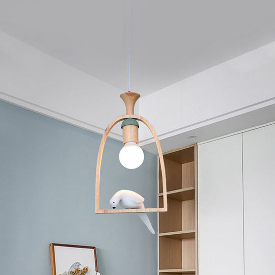 Nordic Green/White Hanging Pendant Ceiling Light With Wood Frame And Bird Decoration - Single