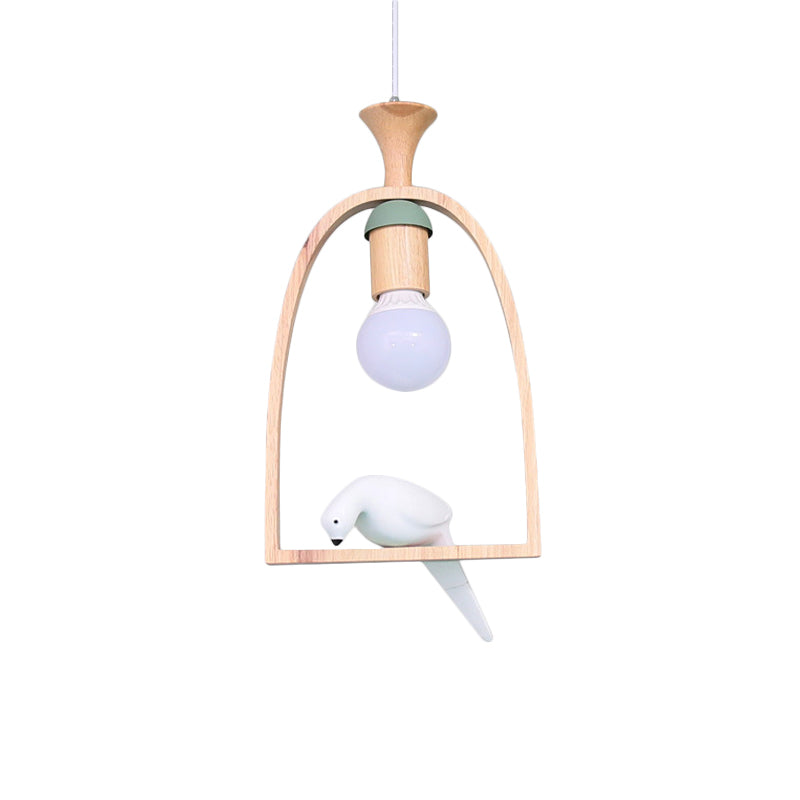 Nordic Green/White Hanging Pendant Ceiling Light With Wood Frame And Bird Decoration - Single