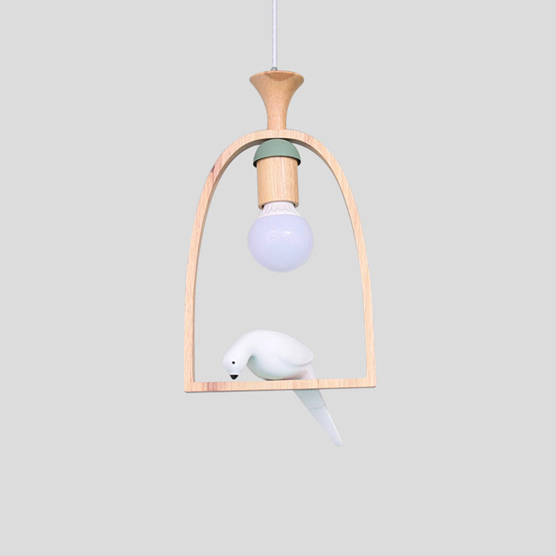 Nordic Green/White Pendant Ceiling Light With Arch Wood Frame And Bird Decoration - Single Dinette