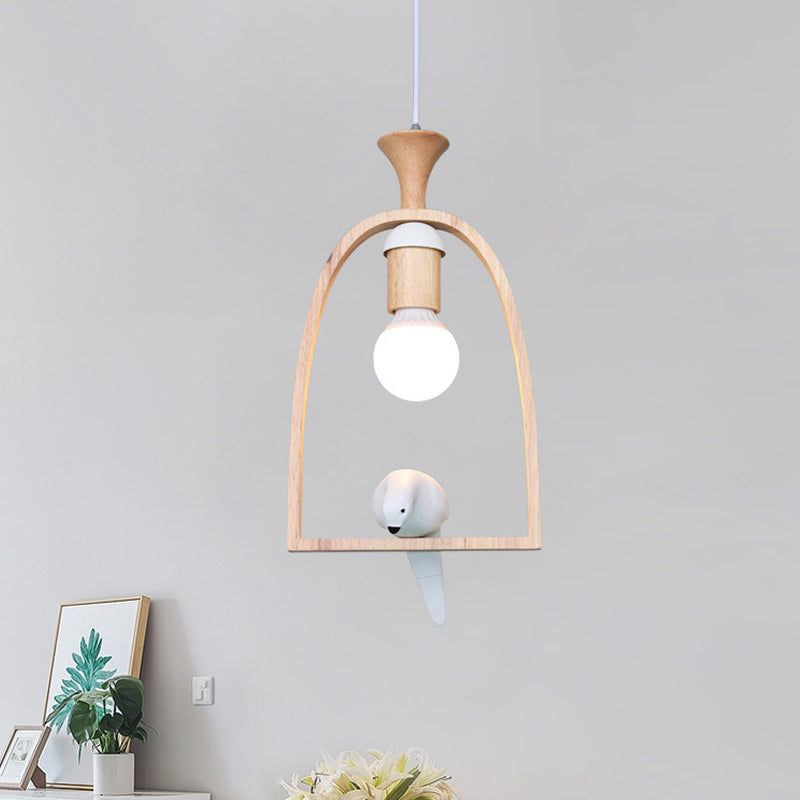 Nordic Green/White Pendant Ceiling Light With Arch Wood Frame And Bird Decoration - Single Dinette