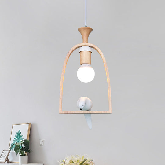 Nordic Green/White Hanging Pendant Ceiling Light With Wood Frame And Bird Decoration - Single