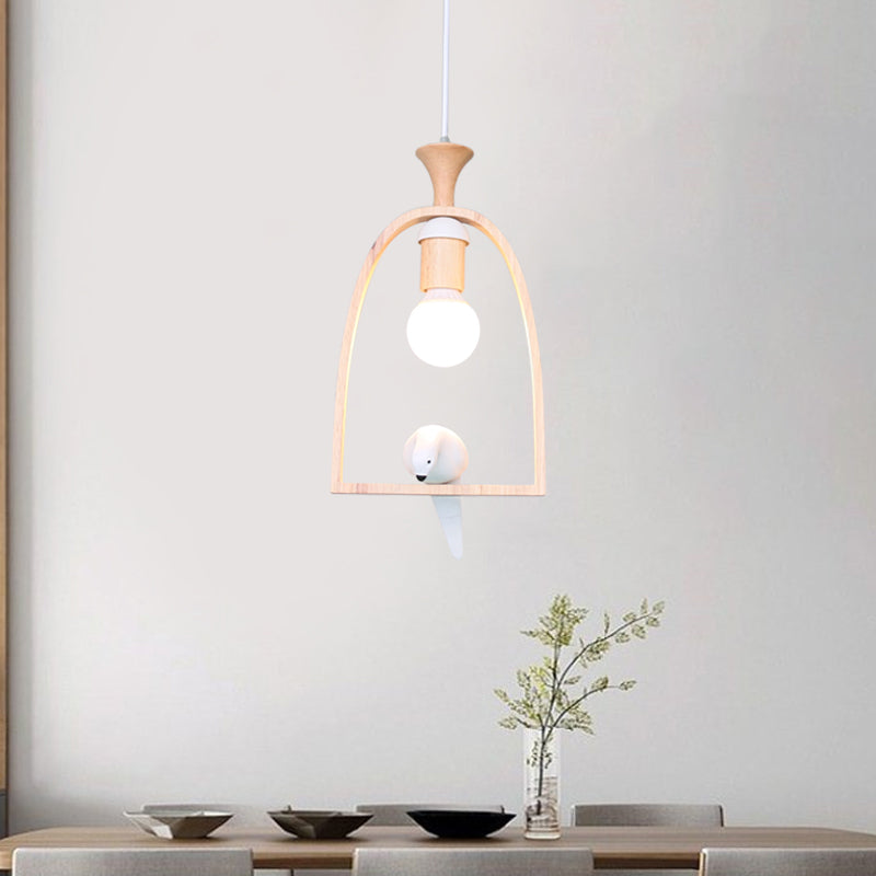 Nordic Green/White Hanging Pendant Ceiling Light With Wood Frame And Bird Decoration - Single