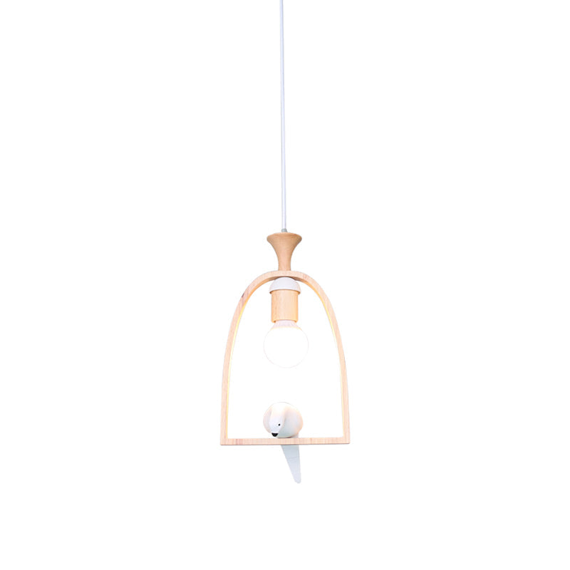 Nordic Green/White Hanging Pendant Ceiling Light With Wood Frame And Bird Decoration - Single