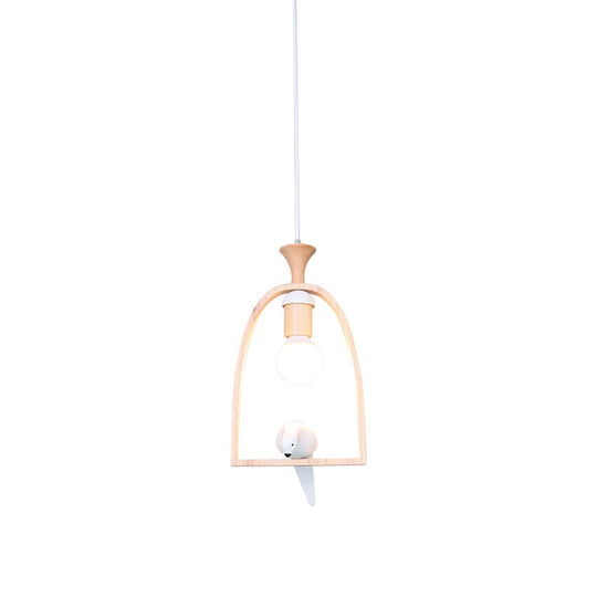 Nordic Green/White Hanging Pendant Ceiling Light With Wood Frame And Bird Decoration - Single