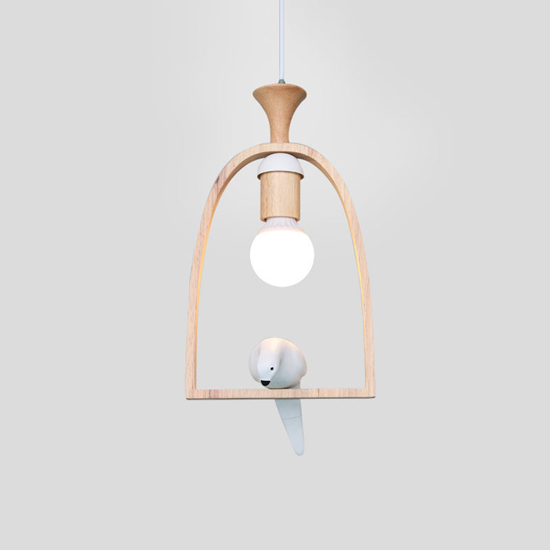 Nordic Green/White Hanging Pendant Ceiling Light With Wood Frame And Bird Decoration - Single