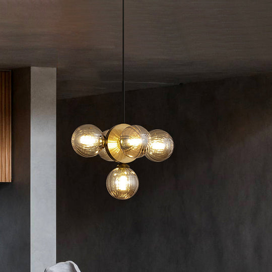 Mid Century White/Amber Glass Chandelier Pendant - Orbs Restaurant Ceiling Lamp 5 Lights Burst