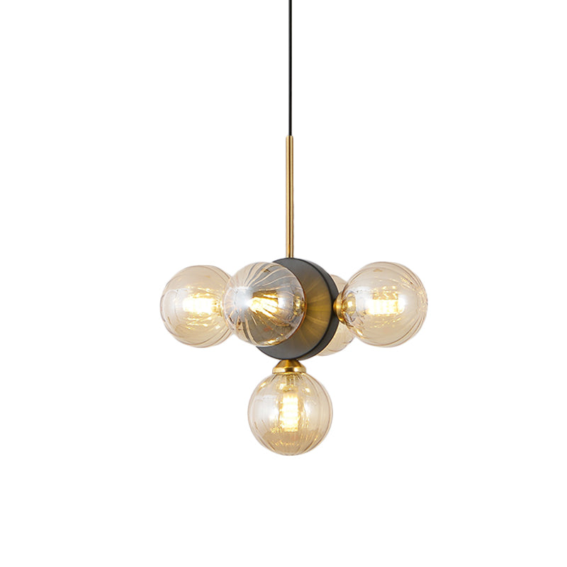 Mid Century 5-Light Restaurant Chandelier Pendant With White/Amber Glass - Elegant Burst Design