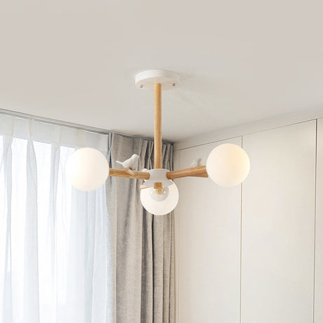 Nordic Wood Radial Chandelier With White Glass Shade And Bird Decor - Perfect For Bedroom Semi-Mount