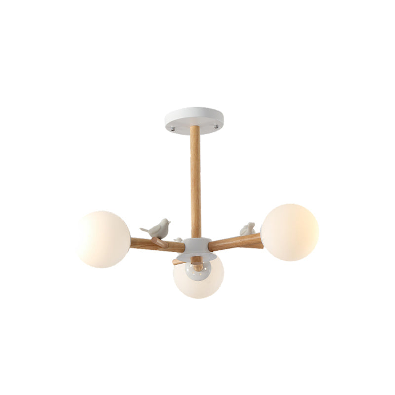 Nordic Wood Radial Chandelier? With White Glass Shade And Bird Decor - Perfect For Bedroom Semi -