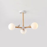 Nordic Wood Radial Chandelier With White Glass Shade And Bird Decor - Perfect For Bedroom Semi-Mount