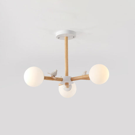 Nordic Wood Radial Chandelier With White Glass Shade And Bird Decor - Perfect For Bedroom Semi-Mount