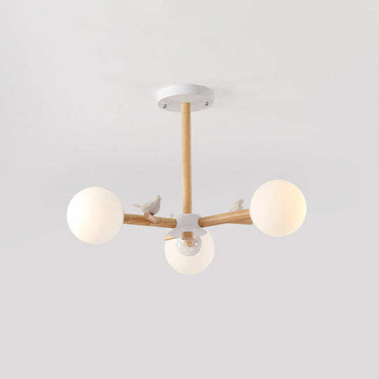 Nordic Wood Radial Chandelier With White Glass Shade And Bird Decor - Perfect For Bedroom Semi-Mount