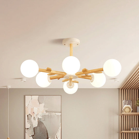 Nordic Wood Radial Chandelier With White Glass Shade And Bird Decor - Perfect For Bedroom Semi-Mount