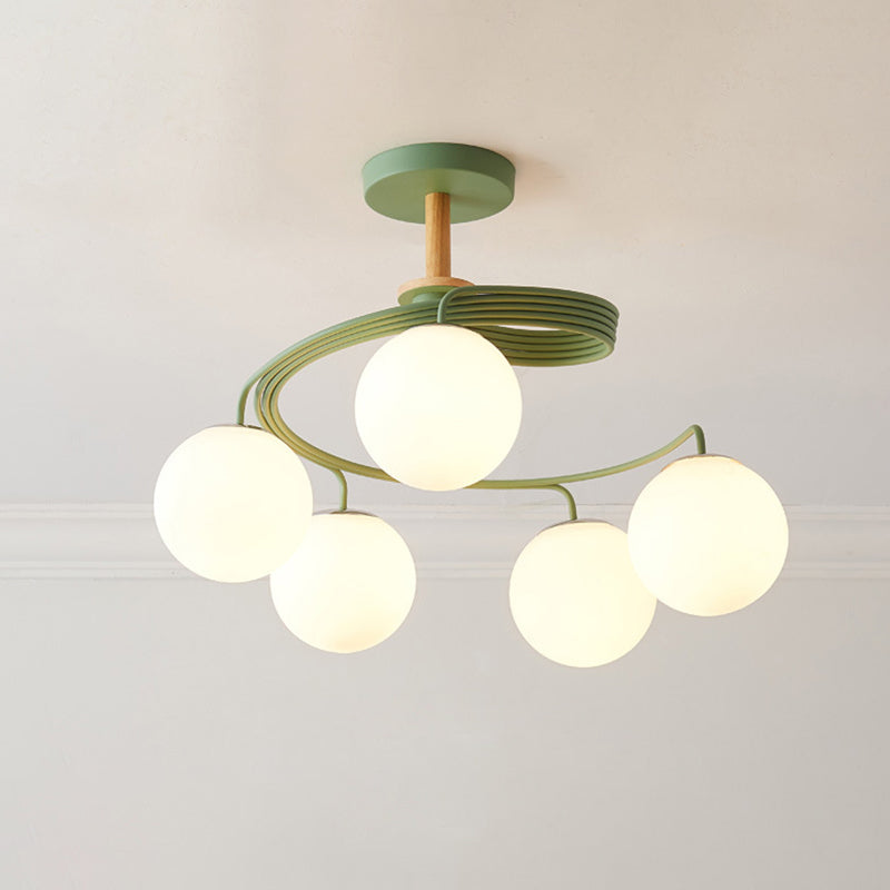 Nordic Iron Swirl Flush Chandelier: 5 Bulbs Grey/Green Ceiling Light With Orb Glass Shade And Wood