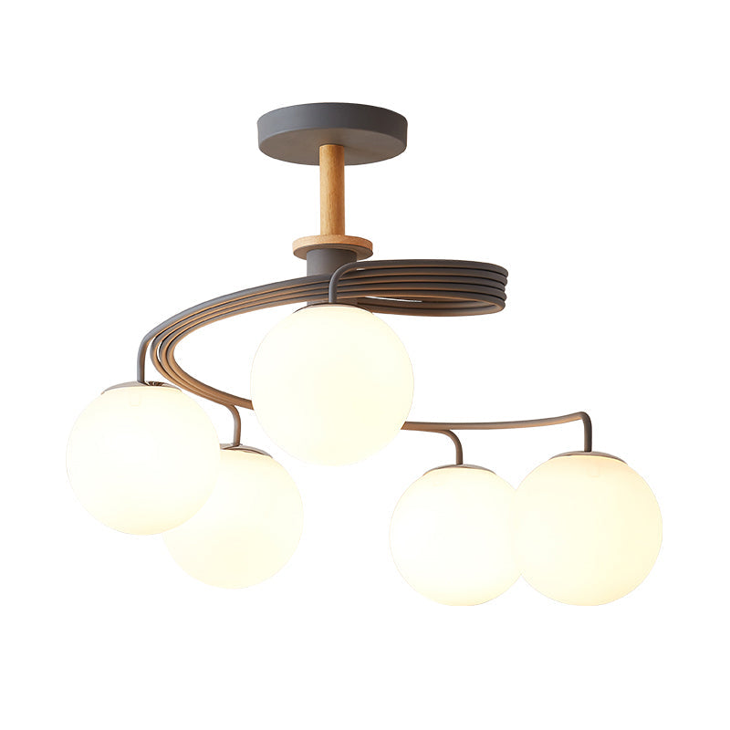Nordic Iron Swirl Flush Chandelier: 5 Bulbs Grey/Green Ceiling Light With Orb Glass Shade And Wood