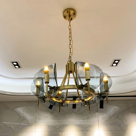 Mid-Century Curved Glass Chandelier Lamp - 6/8-Bulb Gold Hanging Light Fixture With Open Bulb Design