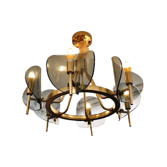 Mid-Century Curved Glass Chandelier Lamp - 6/8-Bulb Gold Hanging Light Fixture With Open Bulb Design