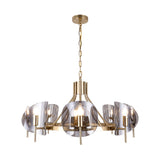 Mid-Century Curved Glass Chandelier Lamp - 6/8-Bulb Gold Hanging Light Fixture With Open Bulb Design