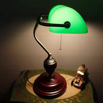 Traditional Rollover Shade Banker Lamp - 1 Light Green/Red/White Glass Desk With Pull Chain For