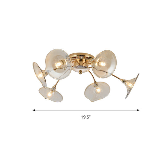 6-Light Nordic Gold Semi Flush Mount Ceiling Lamp With Trumpet Glass Shades For Dining Room