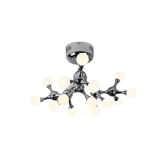 Nordic Metal 15 Bulb Silver Ceiling Mount Chandelier: Semi Flush Light For Living Room