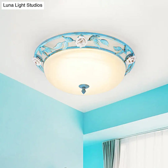 15/19 Korean Flower Metal Bowl Ceiling Light - 1 Head Flush Mount Fixture In Pink/Blue/Green
