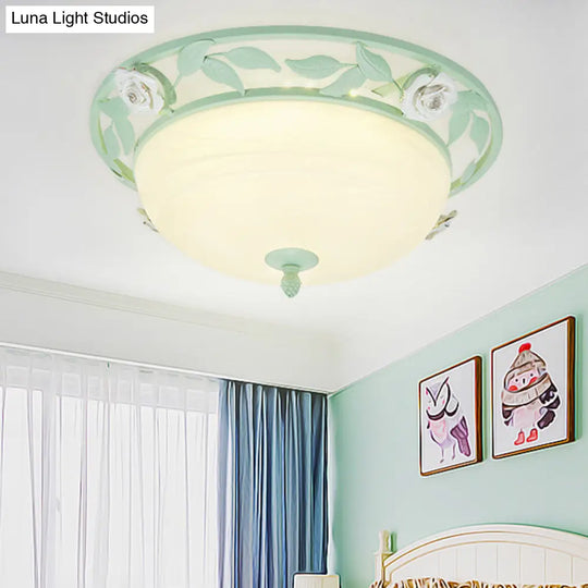 15’/19’ Korean Flower Metal Bowl Ceiling Light - 1 Head Flush Mount Fixture In Pink/Blue/Green