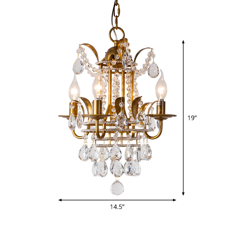 Classic Gold Metal Chandelier With 4-Light Lantern Design And Crystal Droplet Accents