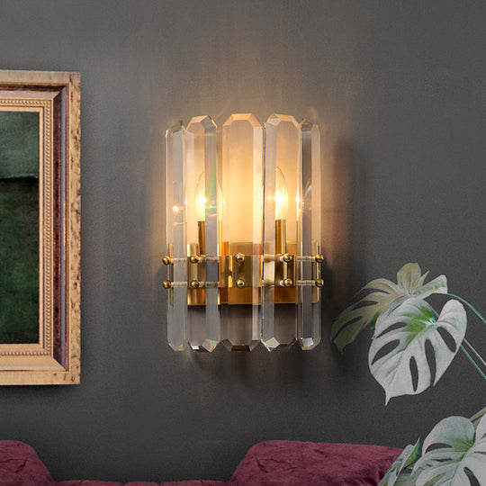 Modern Gold Crystal Flush Wall Sconce: Half-Cylinder Rectangle-Cut Lamp With 2 Lights For Hallways