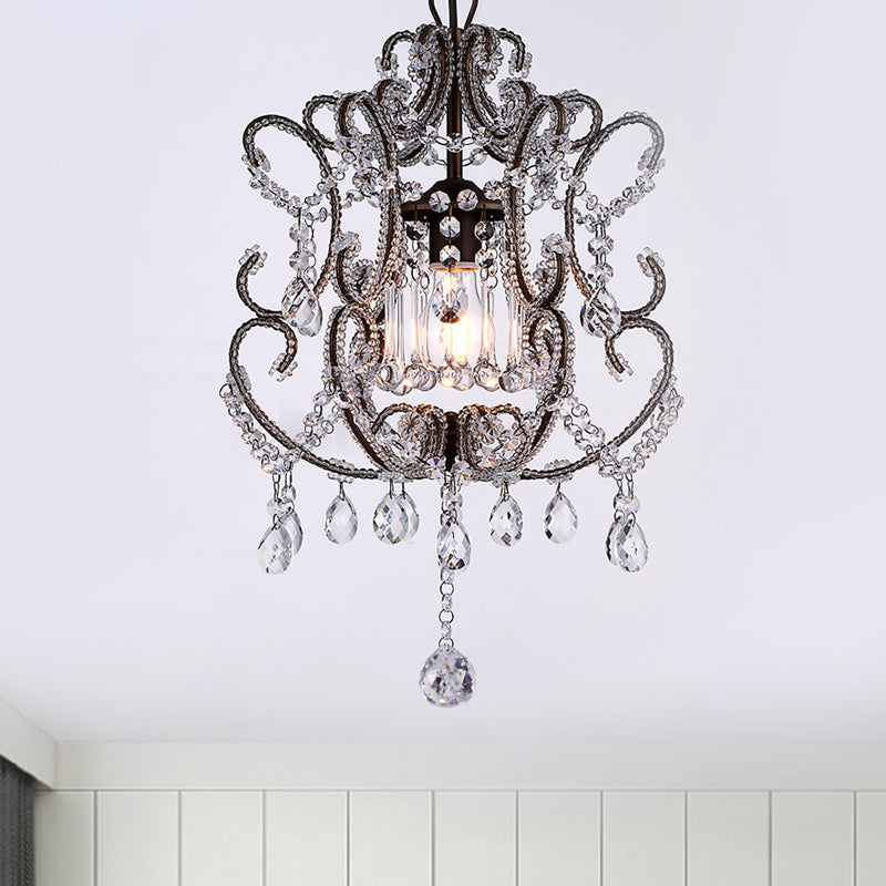 Contemporary Champagne/Coffee Crystal Suspension Light With Curvy Arm - 1-Head Lantern Down
