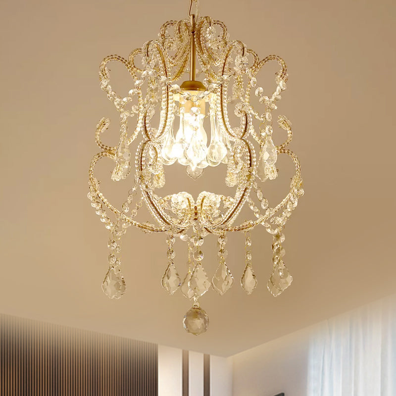 Crystal Suspension Light With Curvy Arm - Contemporary 1-Head Lantern Down Lighting In