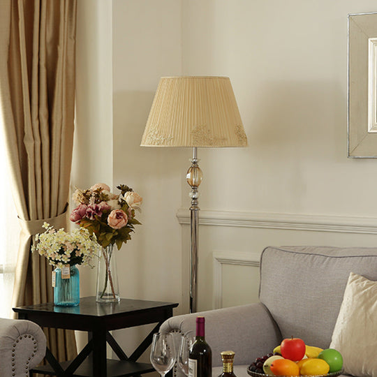 Contemporary Champagne Floor Lamp With Flower Design - Fabric Conical Shade 1-Bulb Standing Light