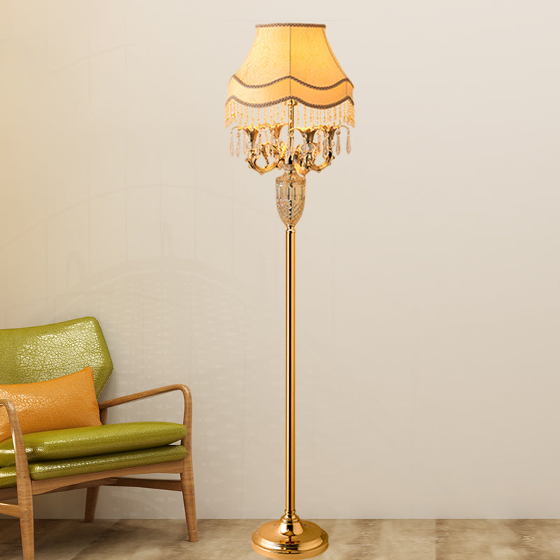Gold Crystal Spears Floor Reading Lamp With Beige Fabric Shade