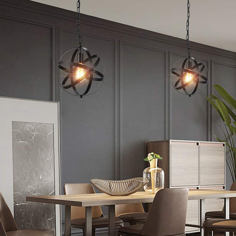 One Light Strap Globe Pendant Industrial Black Metal Ceiling With/Without Crystal Ball / Without