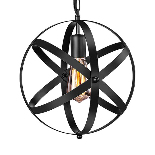 One Light Strap Globe Pendant Industrial Black Metal Ceiling With/Without Crystal Ball