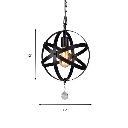 One Light Strap Globe Pendant Industrial Black Metal Ceiling With/Without Crystal Ball