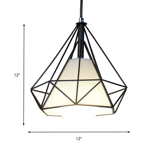 Black Diamond Cage Pendant Ceiling Light - Farmhouse Style Hanging Lamp With Fabric Shade