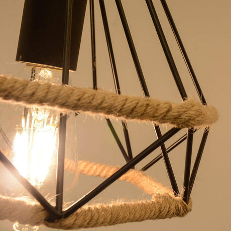 Vintage Metal And Rope 1-Light Black Diamond Pendant Ceiling Lamp With Cage For Coffee Shop