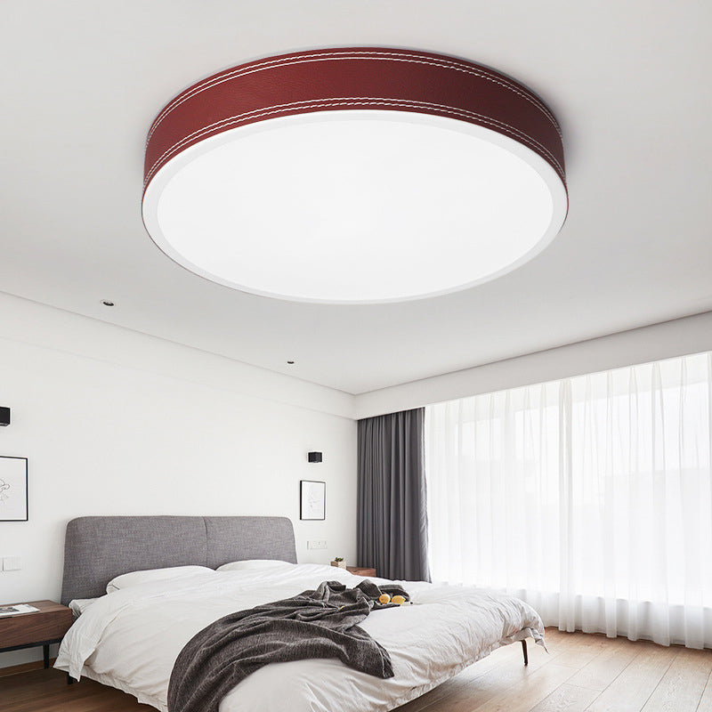 Nordic Led Disk Ceiling Light Red/Blue/Green Leather Flush Mount For Bedroom Warm/White 12/16/19.5
