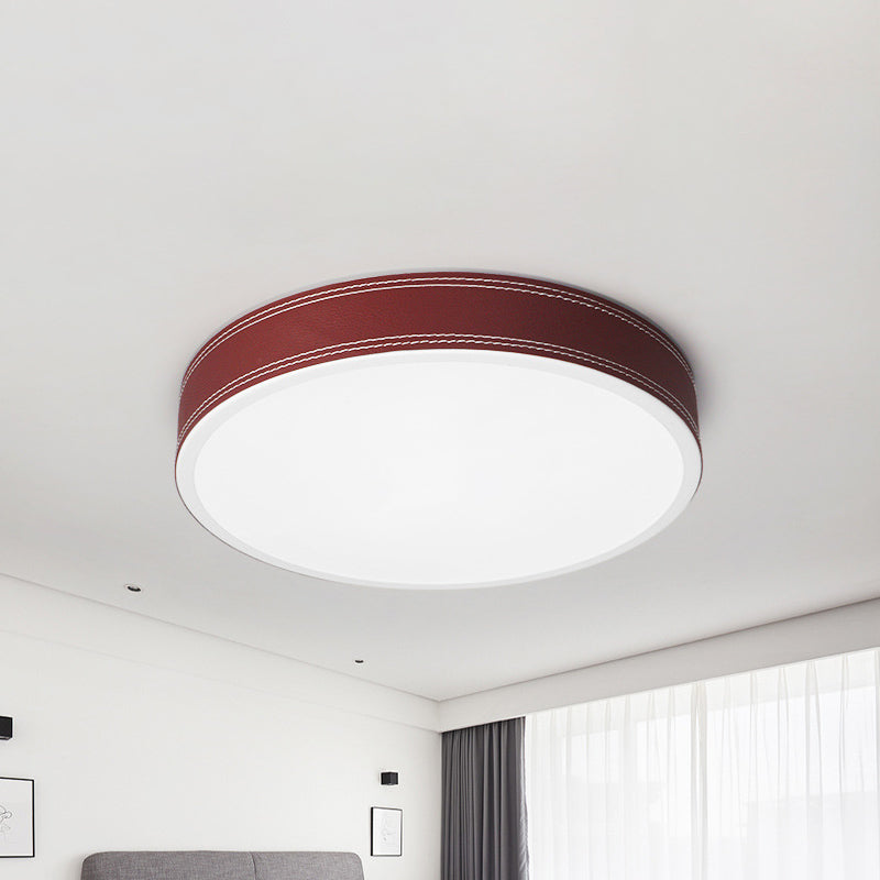 Nordic Led Disk Ceiling Light Red/Blue/Green Leather Flush Mount For Bedroom Warm/White 12/16/19.5