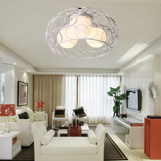 Nordic Drum Iron Cage Ceiling Light With Ball Glass Shade In White/Black – Perfect For Dining