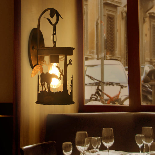 Industrial Rust Metal Wall Mounted Light With Leaf And Horse Pattern - 1 Bulb Cylinder Lighting