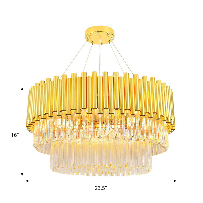 Vintage Brass Metal Chandelier With Crystal Block Round Shade Pendant Lamp - Multi-Light