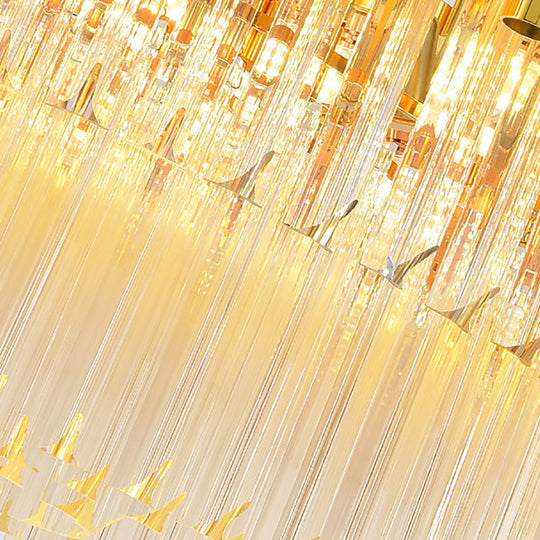 Vintage Brass Metal Chandelier With Crystal Block Round Shade Pendant Lamp - Multi-Light