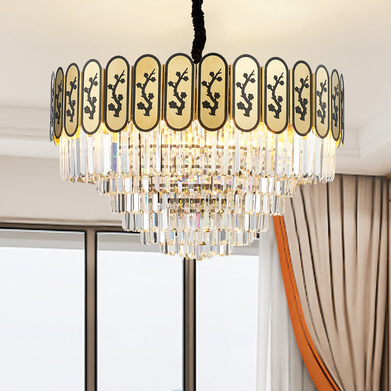 Modern Round Chandelier With Flower Pattern Crystal And Metal Hanging Light For Bedroom - Brass