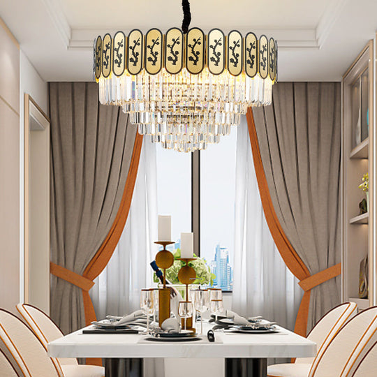 Modern Round Chandelier With Flower Pattern Crystal And Metal Hanging Light For Bedroom - Brass