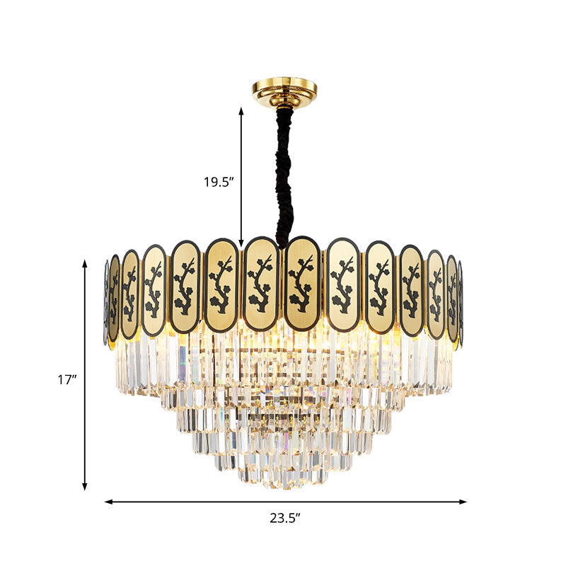 Modern Round Chandelier With Flower Pattern Crystal And Metal Hanging Light For Bedroom - Brass